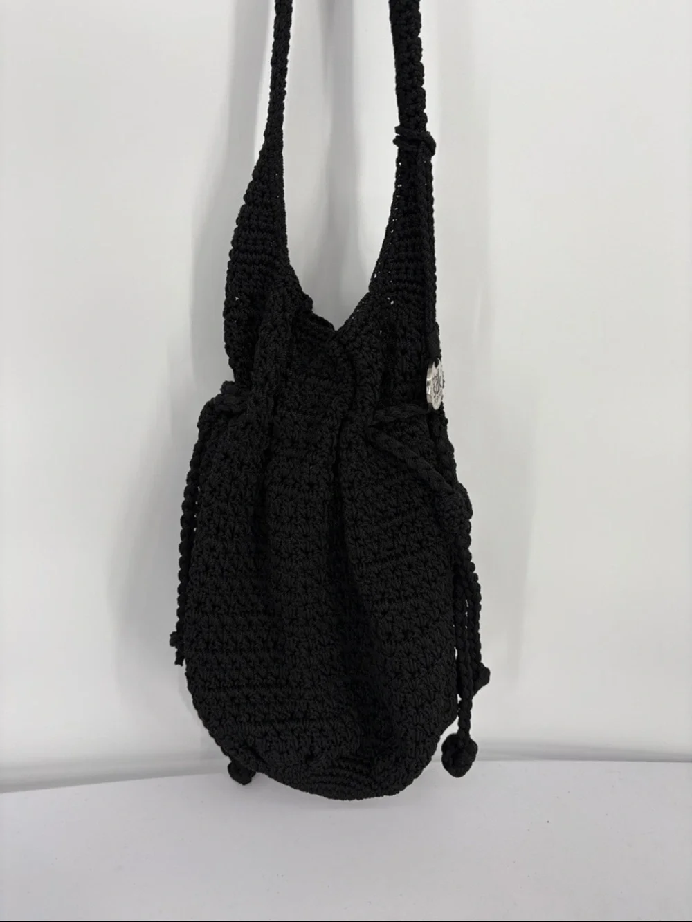 🗄️ The Sak Black Crochet Drawstring Shoulder Tote